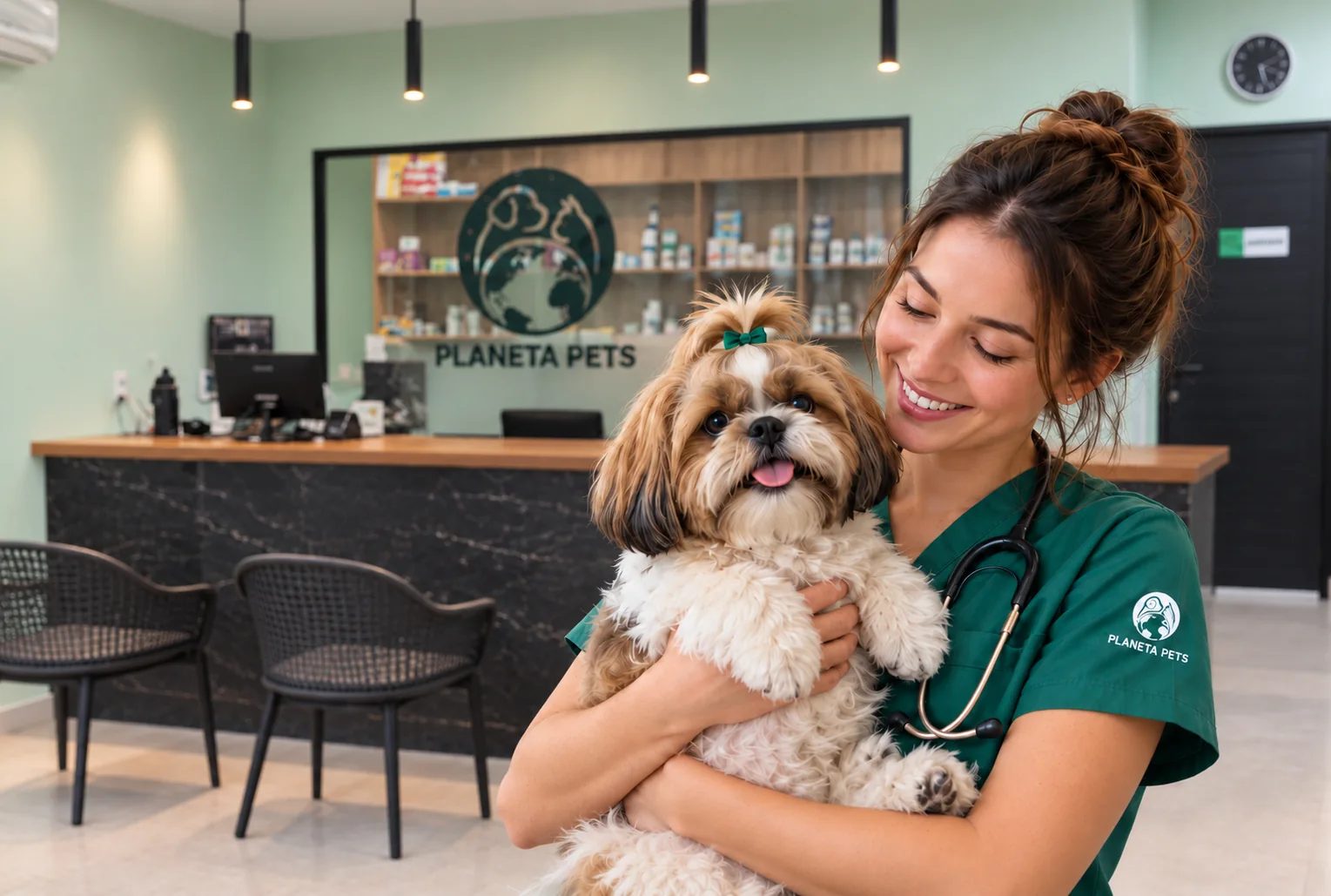 Médica veterinária com cachorro na Clínica Veterinária Planeta Pets em Goiânia